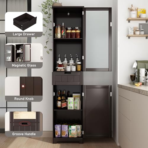 Hlivelood Bathroom Furniture Sets,Tall Bathroom Storage Cabinet with Glass Doors Drawer,Line Tower Cabinet with Adjustable Shelves for Small Spaces,Narrow Tall Cabinet for Living Room Bedroom(1 PCS)