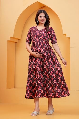 Image of THE Moon Star Women's Cotton Floral Printed Anarkali Maternity Feeding Kurti | Breastfeeding Dress for Mothers | Zipper Feeding Kurti, Nursing Kurti, Comfortable and Trendy Maternity Wear