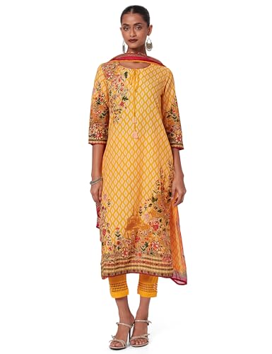 Image of BIBA Women Cotton Straight Kurta Slim Pants Suit Set