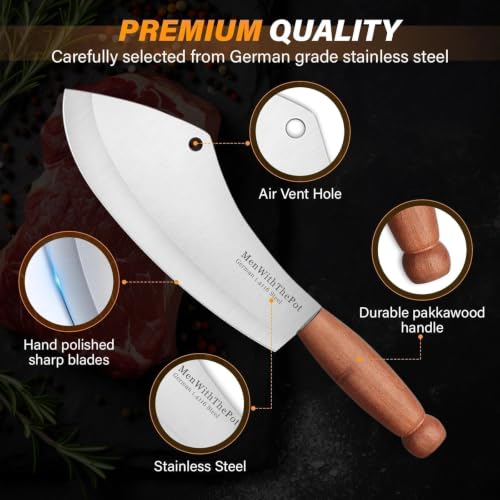 MEN WITH THE POT Meat Cleaver Knife, Hand Forged Ultra Sharp Stainless Steel Butcher Knife with Sheath, Multipurpose Chef Knife for Kitchen Outdoor Cooking Camping BBQ, Gift for Man Women by MEN WITH THE POT - Used condition - Image 3