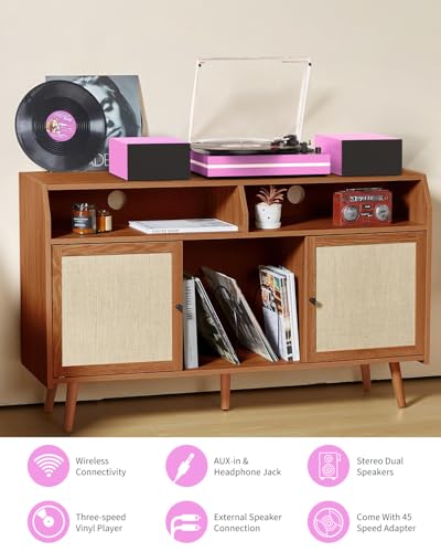 Image of Vinyl Record Player with Two External Speakers Belt-Drive Turntables for Vinyls Records Dual Stereo Speakers LP Players 3 Speed Full Size Wireless AUX-in Headphone Auto Stop Pink