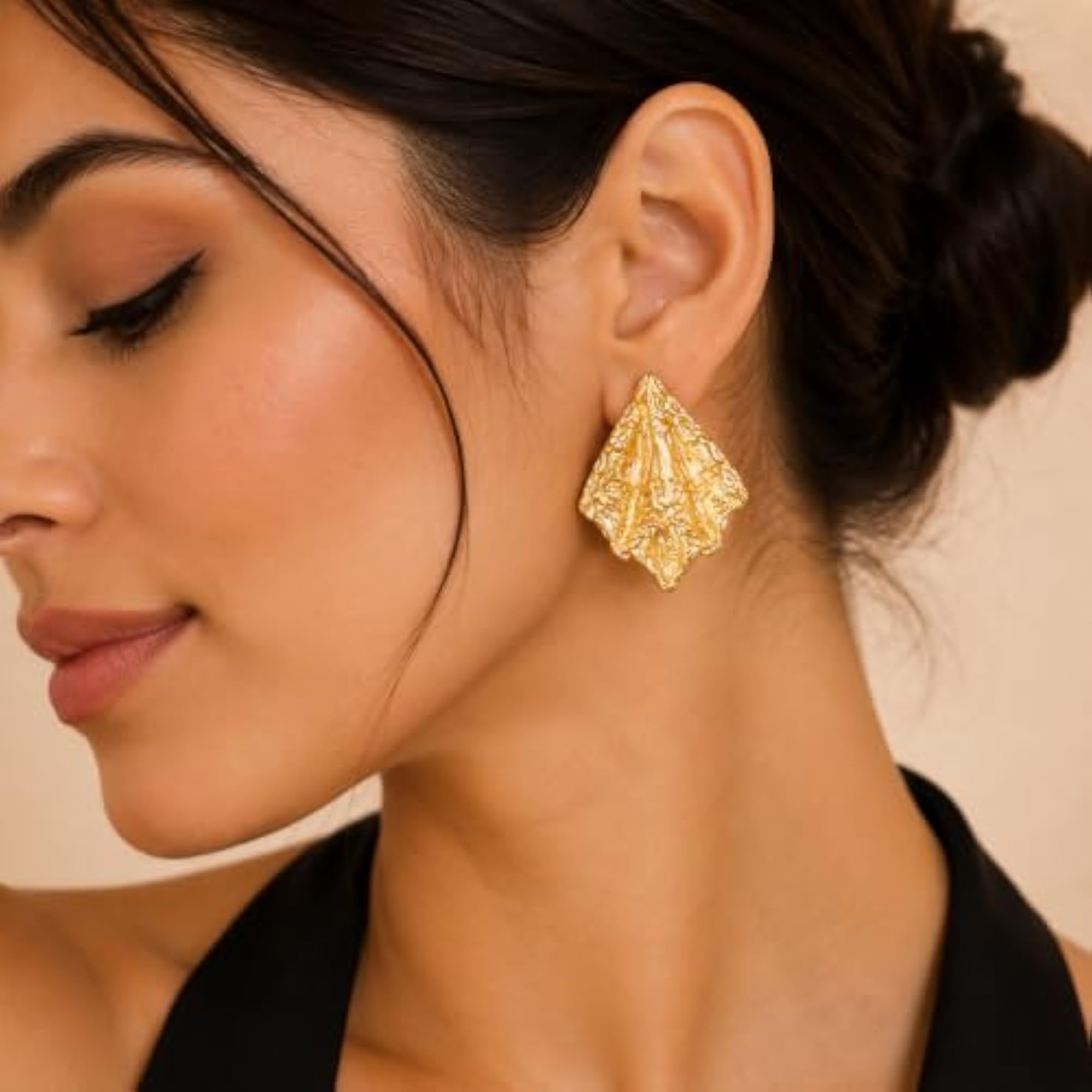18K Gold Plated Textured Stud Earrings for Women, Lightweight