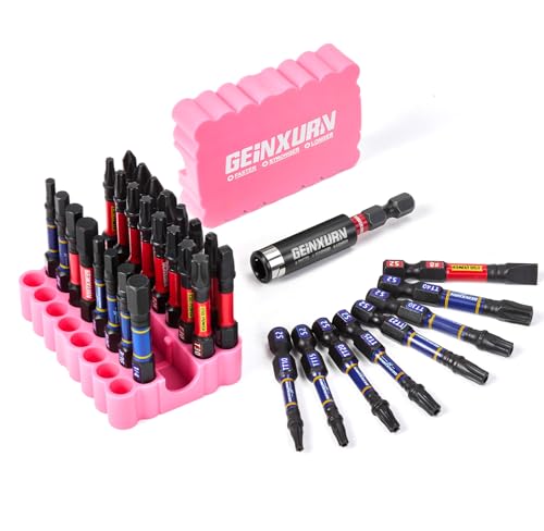 Geinxurn Impact Screwdriver Bits Set, 33 Pieces 2”Multi Head Magnetic S2 Steel Driver Bits PH/SQ/Torx/Slotted/Hex/Security Torx With Pink Soft Base