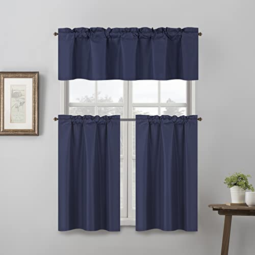 Easy Home 3Pc Blackout Window Curtain Set 2 Tier +1 Valance For Kitchen, Living Room,Thermal Insulated,Room Darkening, Rod Pocket Top Panel Drape (Navy Blue) #TOP5
