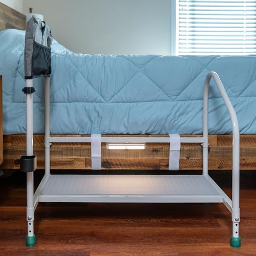Image of step2bed Deluxe Bed Rails for Elderly Adults - Adjustable Height Bed Safety Rail for Seniors with Cane Holder, LED Light, Mesh Bag, Handicap Grab Bars and More - Premium Bed Side Step Assist Device