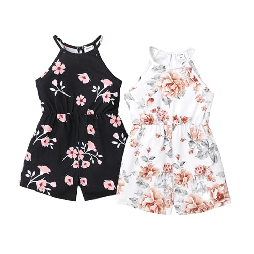 PATPAT Girls Rompers Size 6-7 Black White Floral Print 2 Pack Rompers For Girls Sleeveless Halter Neck Wide Leg One Piece Spaghetti Strap Jumpsuits Shorts Cheerleader Outfit Beach Jumpsuits