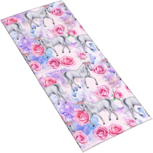 フェイスタオル ユニコーンとピンクローズ マイクロファイバー タオル 柔らか 肌に優しい 肌触りが良い ふわふわ 髪に優しい 通気 かわいい 抗菌防臭加工 瞬間吸水 速乾 耐久性 薄手 毛羽落ち少ない 業務用タオル