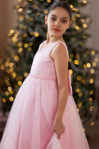 Pearls Flower Girl Dress for Wedding V-Neck Satin Tulle Kids Bridesmaid Dresses Princess Party Prom Gown with Bow-Knot2