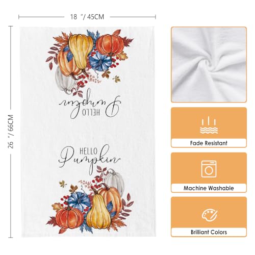 Image of Hello Fall Pumpkin Kitchen Towels, Autumn Leaves Harvest Dish Towels Set of 2, Rustic Thanksgiving Holiday 18 x 26 Inch Hand Towel Quick Drying Dishcloth Decor for Kitchen Bathroom Home