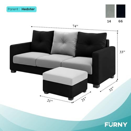Image of FURNY Amonster 4 Seater L Shape Sofa Set with Movable Ottoman | Flexible Left or Right Layout | Plush Velvet Fabric (Black-Light Grey) | Perfect for Living Room, Guest Room & Office