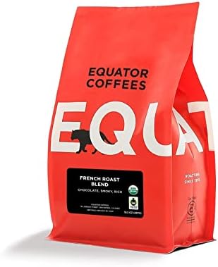 Equator Coffees, French Roast Blend, Organic Whole Bean Coffee, Dark Roast, Fresh Roasted, Bittersweet Chocolate & Plum Flavor Notes, Sustainable and Fair Trade Certified, 10.5 oz Bag