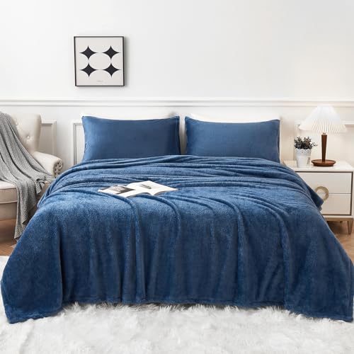 YIYEA Faux Fur Sheets Full Size, Luxury Ultra Soft Fuzzy Fleece Bed Sheets Set, Fluffy Shaggy Sheets Plush Bedding for Fall and Winter, Cozy Warmth, No Shedding, 4PC, Denim