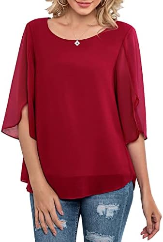 Neineiwu Womens Casual Scoop Neck Loose Top 3/4 Sleeve Chiffon Bl...