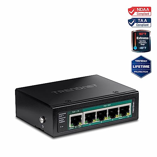 Image of TRENDnet 5-Port Industrial Gigabit PoE++ Powered DIN-Rail Switch with PoE Pass-Through, TI-B541, Ethernet Splitter, 65W Power Budget, NDAA & TAA Compliant, Lifetime Protection, Black