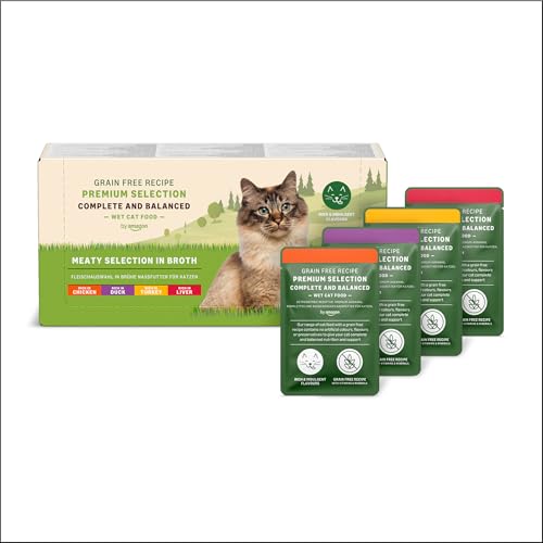 by Amazon, Cibo umido per tutta senza cereali per gatti adulti selezione di carne in brodo, 4.76 kg, 56 Confezioni da 85 g (precedentemente Lifelong)