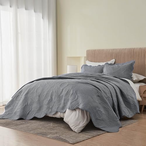 Image of Kingnex Exta Wide Oversized King Bedspreads 128x120 for Tall King or Cal King Bed Ultrasonic Quilted Coverlet Set 3 Piece Include 1 Quilt 2 Pillowcases Grey