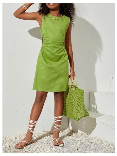 MakeMeChic Girl's Cut Out Drawstring Ruched Tank Dress Sleeveless Crew Neck Short Summer Dress3