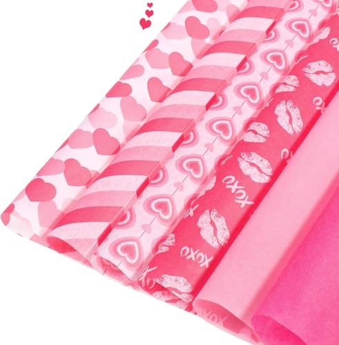 Whaline 120 Sheets Valentine's Day Tissue Paper Bulk 14 x 20 Inch Assorted 6 Designs Pink Love Heart Lip Gift Wrapping Paper for Arts Crafts Gift Bags DIY Birthday Wedding Shower Party Decoration