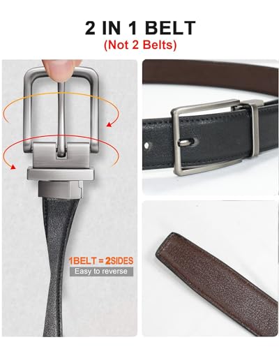 Image of CIMONI Reversible Leather Belt for Men | Genuine Leather & Vegan Leather Pin Buckle Belt | Classic Black /Brown Adjustable Belt for Formal, Business, Office & Casual Wear