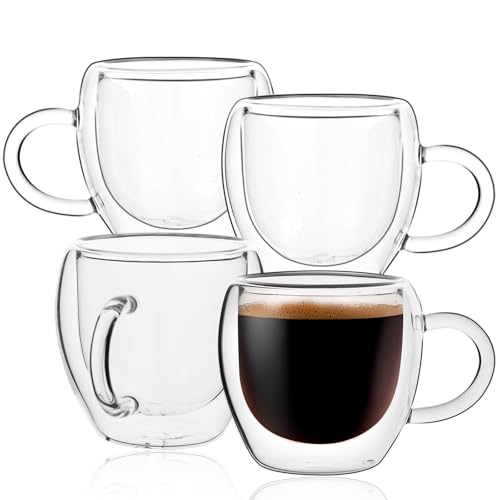 Wells 2.5oz Espresso Cups Set of 4, Borosilicate Glass, Clear, Double Wall Insulated, Modern, Reusable, Freezer Safe, 2.5 ounces Capacity, Perfect for Espresso Machine