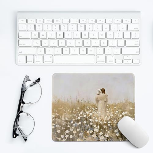 Image of Jesus Mouse Pad,Christian Mouse Pad,Vintage Easter Decor Desk Mat,White Floral Desk Mat,Christian Desk Accessories for Dorm Home Office Decor,Jesus Find The Lost Lamb,10.2x8.3 Inch