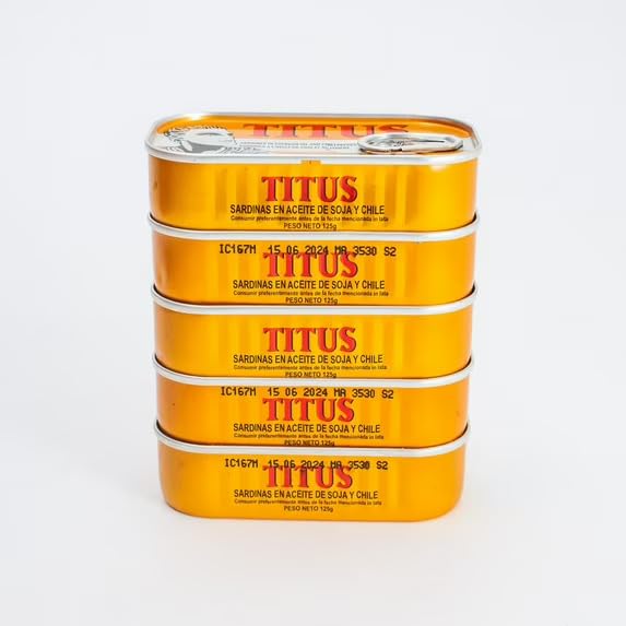 African Delights Titus Sardines in Soybean Oil, Spicy Flavor, Ready-to-Eat Canned Sardines, 125g Each, Total 625g, Pack of 5