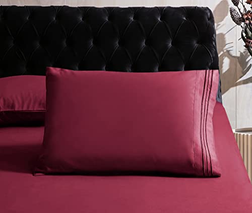 Image of Mocassi Cali King Sheet Set - Luxury Hotel 1800 Premier Bedding Sheets & Pillowcases - Ultra Soft Breathable & Cooling Bed Sheets - Deep Pocket - Wrinkle Resistant - 4 Piece - Cali King, Burgundy
