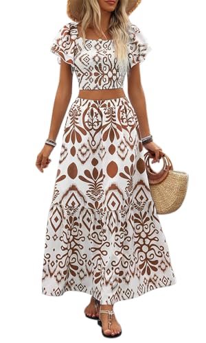 Summer Boho Dress for Women Beach Vacation,2 Pieces Casual Ruffle Smocked Crop Tops and Flowy Maxi Skirts Set