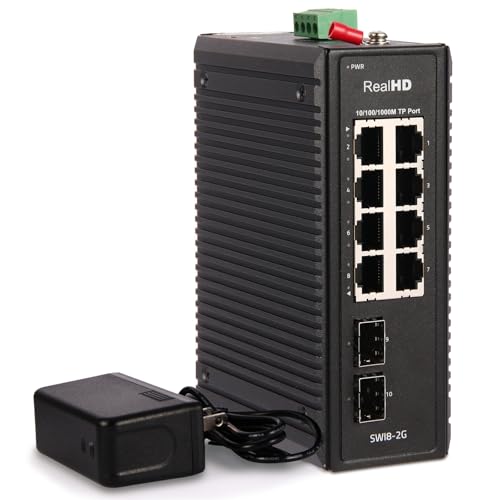 Image of Industrial Ethernet Switch, 10-Port Gigabit Din Rail Switch Hardened, 1000Mbps, 8 Ethernet Ports + 2 SFP Port, Din Rail & Wall Mountable (-40 to 185 F), 20Gbps Switching Capacity, with UL Power Supply