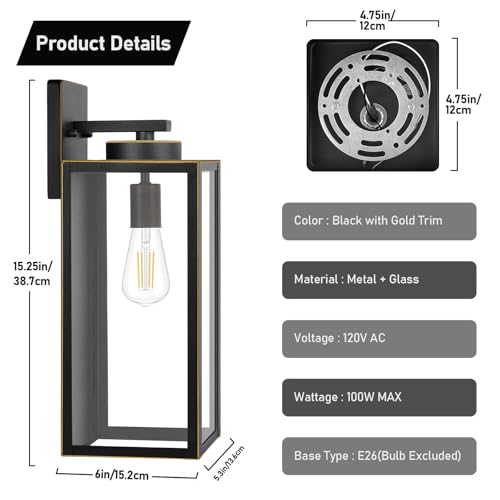 Image of BesLowe 15'' Large Outdoor Wall Lights, Porch Lights Black with Gold Trim
