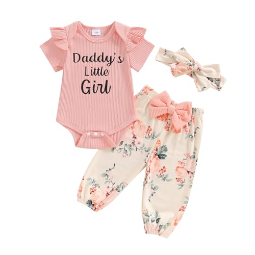 Adobabirl Newborn Baby Girl Clothes Short Sleeve Ribbed Romper Onesie Bowknot Floral Pants Headband 3Pcs Clothing Set