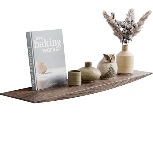 Image of 24'' Black Walnut Floating Shelves - 6 Inch Deep Solid Wood Floating Shelf for Wall, Rustic Zen TV Shelf Wall Mounted, Live Edge Shelf with Invisible Brackets for Living Room, Bedroom, Kitchen.