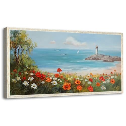 Ardemy Floral Framed Canvas Wall Art for Living Room Large Wildflower Pictures Wall Decor Ocean Flowers Paintings Seascape Textured Artwork for Walls Dining Room Bedroom Home Office, 40"x20"