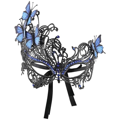 Generisch Costume de carnaval pour femme - Masque vénitien en dentelle - Bleu sexy - Masque pour les yeux - Masque en dentelle avec strass et papillon - Pour Halloween, carnaval, cosplay, fête