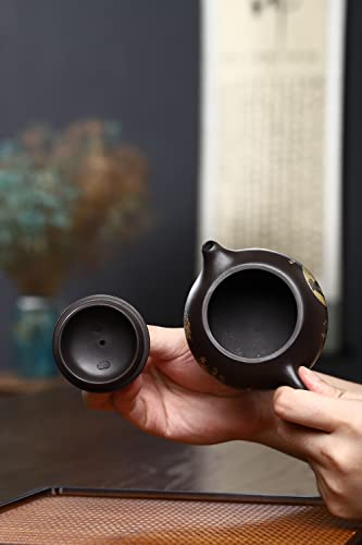 Image of Xishi Teapot 7oz Chinese Yixing Zisha Clay Pot Ceramics Purple Sand Mud Kungfu Tea Set Kettle Spherical Filter (Black with golden tiger)