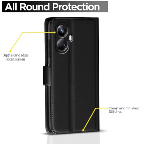 Image of Pikkme Flip Cover Leather Finish | Inside TPU with Card Pockets | Wallet Stand and Shock Proof | Complete Protection Button Flip Case for Realme 10 Pro Plus 5G (Black)