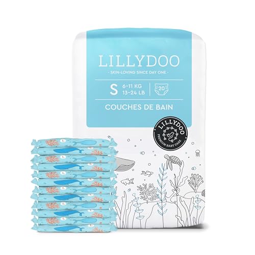 LILLYDOO - Couches de Bain Jetables, Douces pour la Peau des Bébés, Taille S (6-11 kg), 1 paquet (20 pièces), Protection Optimale dans l'Eau, Design Aquatique