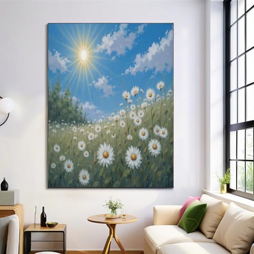 Peinture à l'huile réaliste marguerite blanche soleil bleu toile décoration murale salon 70x100