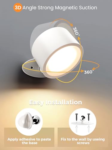 Image of AUDERWIN LED Wall Sconces Rechargeable Wall Mounted Wireless Lights, 3 Color Temperatures & Dimmable, Magnetic 360 Rotation Picture Lights Bedside Decor Wall Lamps for Bedroom Night Reading