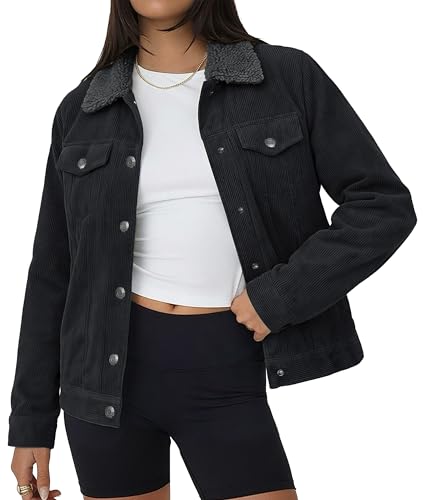 YUCOLEN Corduroy Jacket for Women Sherpa Fleece Lined Jacket Button Down Shacket Warm Winter Western Coat 2026 Trendy Black XL