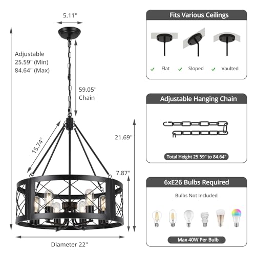 Black Farmhouse Chandelier for Dining Room, 22" Rustic Matte Black Drum Chandelier, 6-Light Round Cage Hanging Chandelier Light Fixture for Entryway, Foyer, Living Room, Kitchen, Bedroom by Xuridongsheng - Image 3