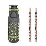 Zak Designs Minecraft Plastic Water Bottle with Push Button Action, Locking Lid, and Portable Carry Loop, Includes 2 Reusable Straws (25oz, BPA-Free)