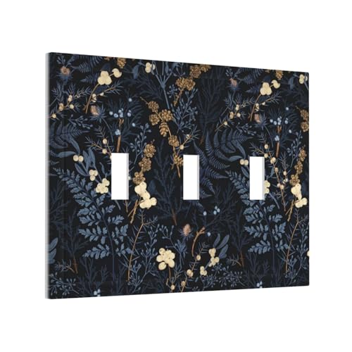 Decorative Switch Plate Covers Rustic Navy Dark Blue Leaves Golden Floral 3 Gang Light Switch Cover Plate Triple Toggle Wall Plate Outlet Covers for Bedroom Home Decor