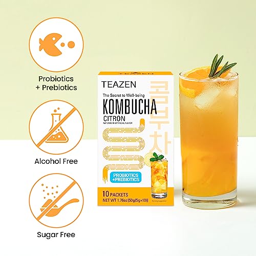 Teazen Kombucha Tea, Zero Sugar, Sparkling Fermented Powdered Mix Beverage From Korea, Live Probiotics & Prebiotics, 10 Sticks, 1.76Oz (Citron) #TOP2