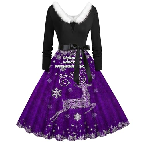 Robe Noel Femme Swing à manches longues imprimé rétro col en V grande taille