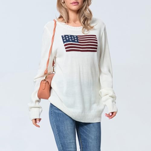 Image of Womens American Flag Sweater Long Sleeve Crew Neck Star Graphic Knit Pullover Tops Casual Loose USA Sweater
