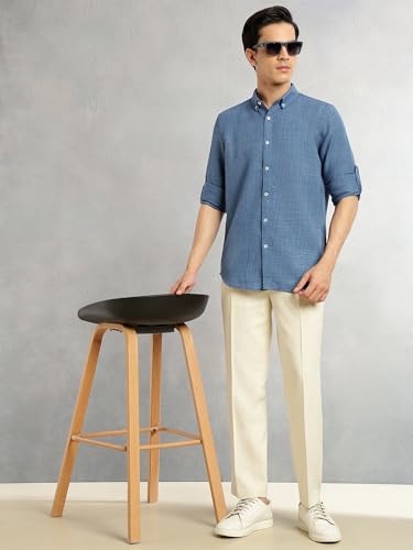 Image of Thomas Scott Men's | Solid | Textured Fabric | Full Sleeve | Slim Fit | Polyester-Blend | Spread Collar | Casual Shirt