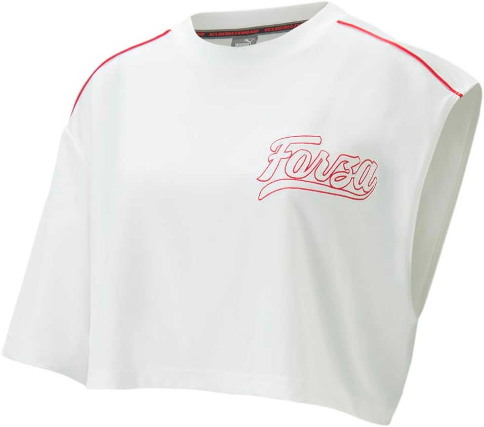 PUMA Womens Scuderia Ferrari Race June Ambrose Asymmetric Crew Neck Short Sleeve Casual Tops Casual - White