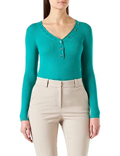 Morgan Pull col V AJOURE ET Bouton Sur Encolure 221-MIMI Tull FINE JAUGE-ML, Verde, L Donna