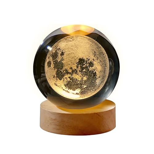Image of 3D Moon Crystal Ball Night Light with Wooden Base, Table Lamp